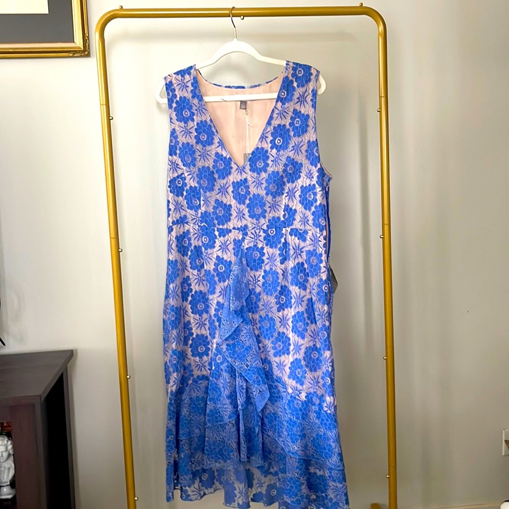 Blue floral lace cutout midi dress